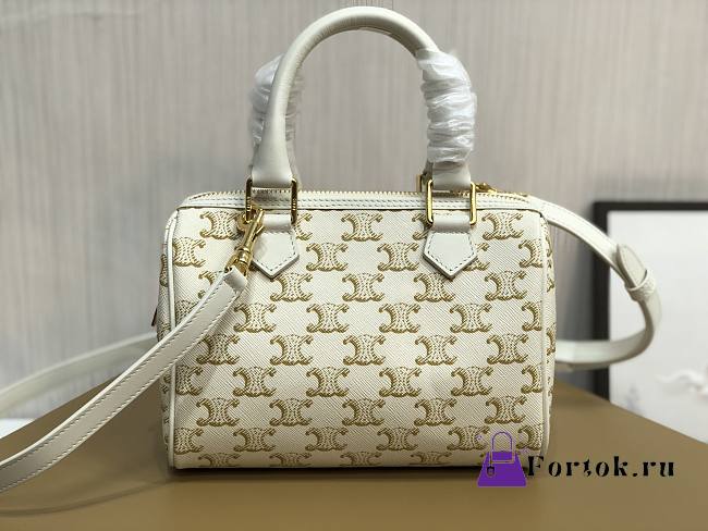 Celine Small Boston in Triomphe Canvas and Calfskin in White - 1