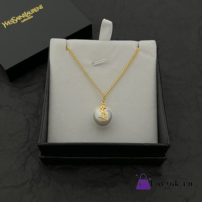 Saint Laurent Bronze Gold YSL Pearl Necklace - 1