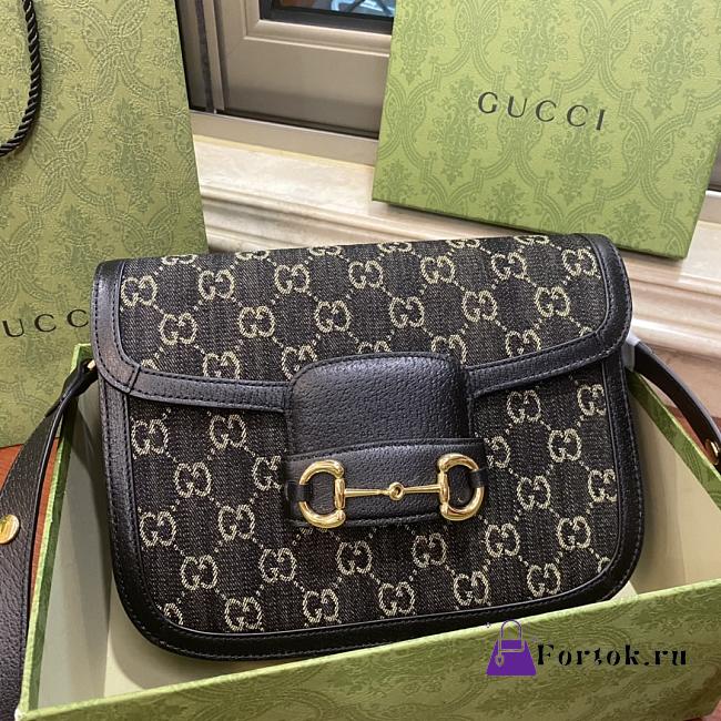 Gucci Horsebit 1955 Shoulder Bag Black and Ivory GG Denim Jacquard 25x18x8cm - 1