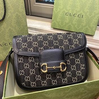 Gucci Horsebit 1955 Shoulder Bag Black and Ivory GG Denim Jacquard 25x18x8cm