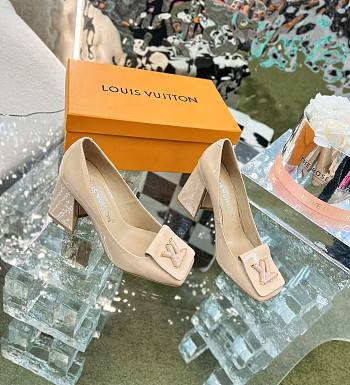 Louis Vuitton Square-Toed High Heel Shoes in Beige