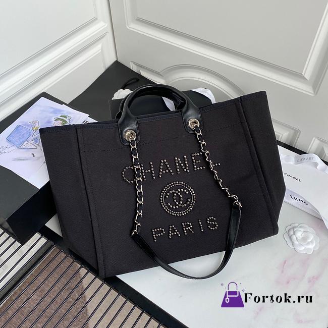 Chanel Tote Canvas Bag With Pearls in Black 38x30x21cm - 1