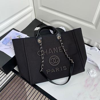 Chanel Tote Canvas Bag With Pearls in Black 38x30x21cm