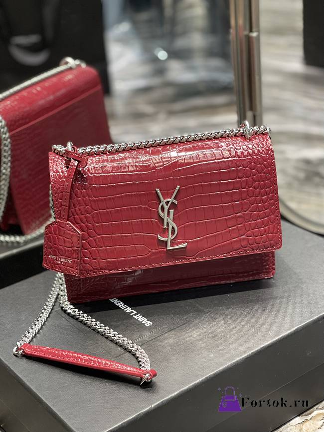 Saint Laurent Sunset Medium in Crocodile Embrossed Shiny Leather Red Bag with Silver Buckle - 1