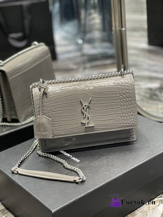 Saint Laurent Sunset Medium in Crocodile Embrossed Shiny Leather Beige Bag with Silver Buckle - 1