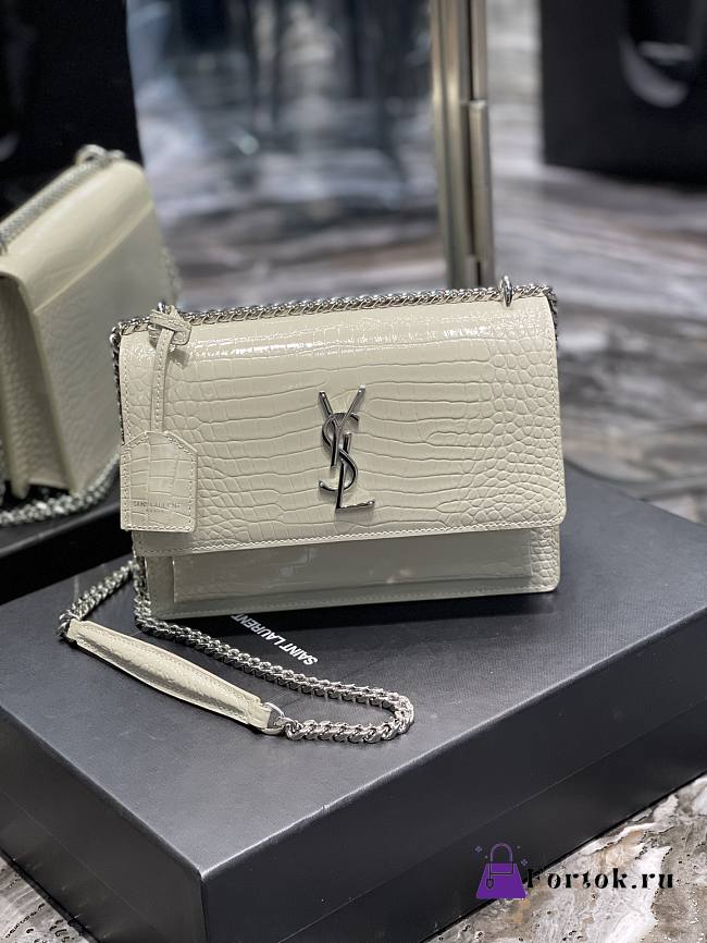 Saint Laurent Sunset Medium in Crocodile Embrossed Shiny Leather White Bag with Silver Buckle - 1