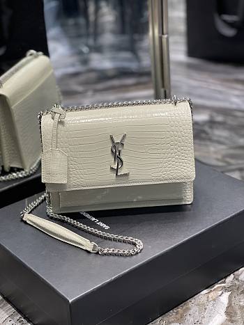 Saint Laurent Sunset Medium in Crocodile Embrossed Shiny Leather White Bag with Silver Buckle