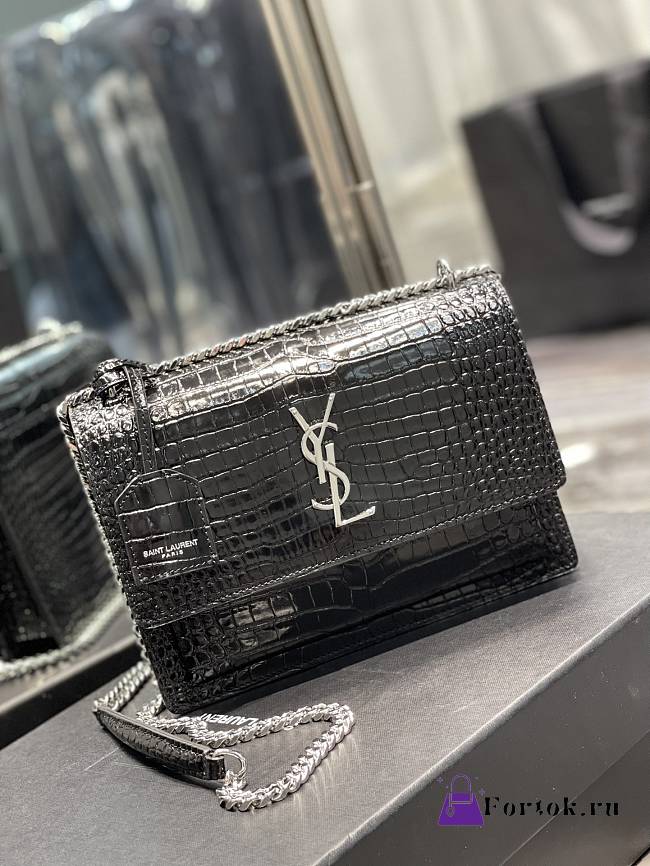 Saint Laurent Sunset Medium in Crocodile Embrossed Shiny Leather Black Bag with Silver Buckle - 1