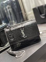 Saint Laurent Sunset Medium in Crocodile Embrossed Shiny Leather Black Bag with Silver Buckle - 1