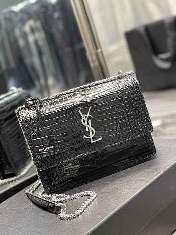 Saint Laurent Sunset Medium in Crocodile Embrossed Shiny Leather Black Bag with Silver Buckle