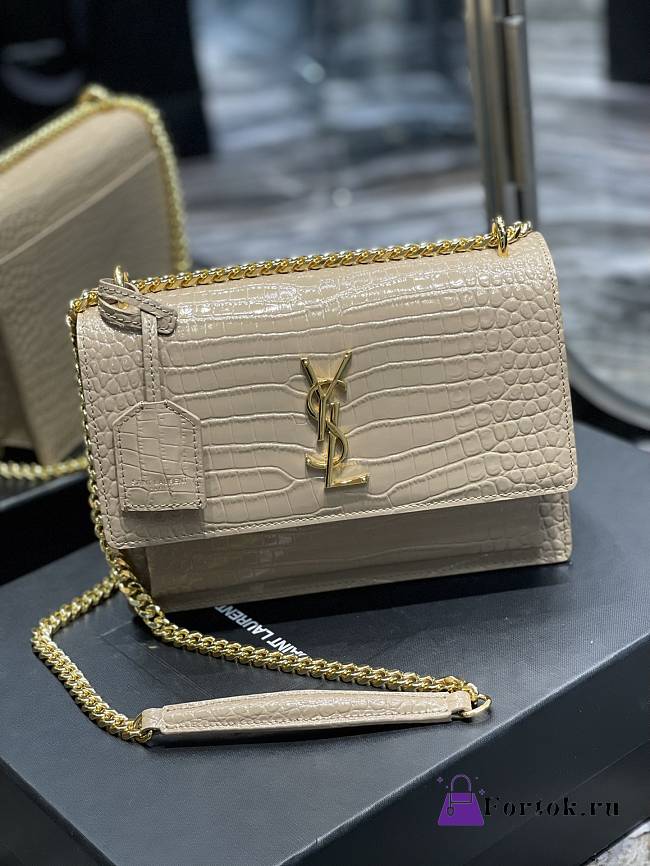 Saint Laurent Sunset Medium in Crocodile Embrossed Shiny Leather Beige Bag with Gold Buckle - 1