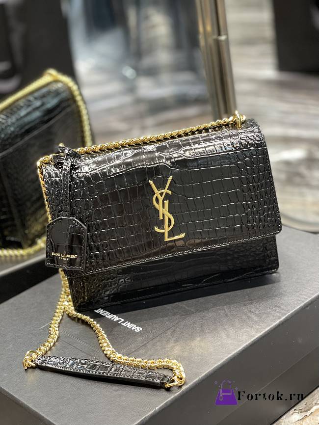 Saint Laurent Sunset Medium in Crocodile Embrossed Shiny Leather Black Bag with Gold Buckle - 1