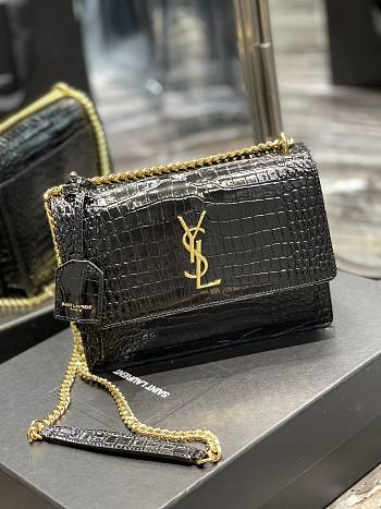 Saint Laurent Sunset Medium in Crocodile Embrossed Shiny Leather Black Bag with Gold Buckle