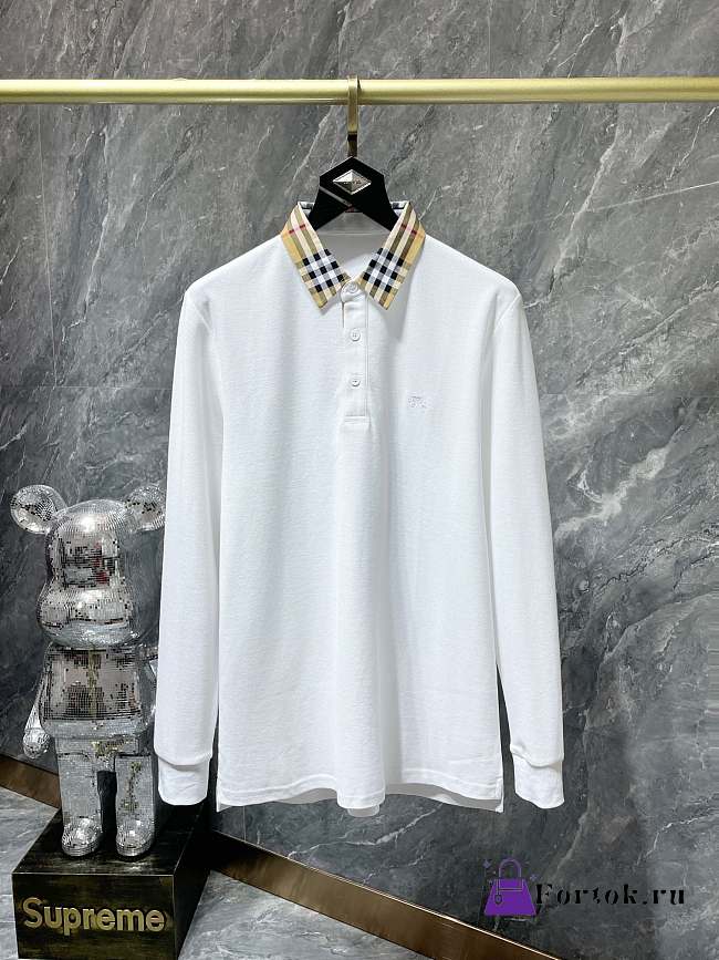 Burberry Check Collar Long Sleeve T-Shirt in White/Black - 1