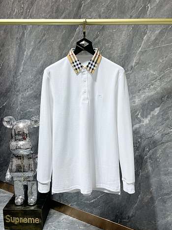 Burberry Check Collar Long Sleeve T-Shirt in White/Black