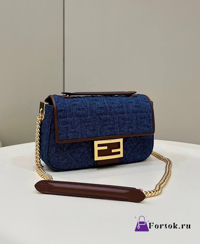 Fendi Baguette Chain Midi Dark Blue Denim Bag 24x7x13cm - 1