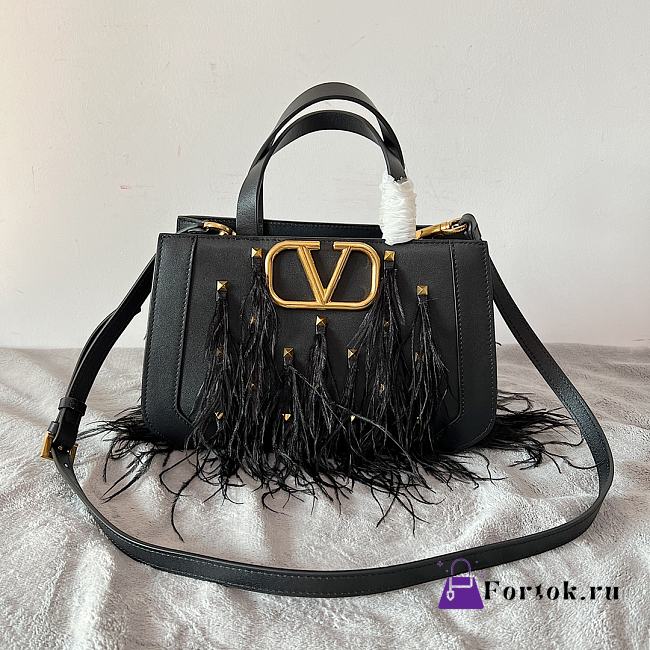 Valentino Vlogo Signature Small Leather Handbag With Feather - 1