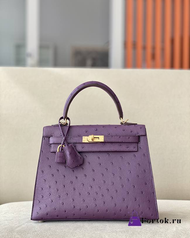 Hermes Kelly Purple Ostrich Exotic Leather Top Handle Shoulder Bag 25x17x7cm - 1