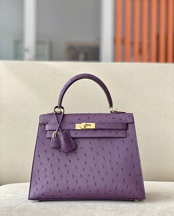 Hermes Kelly Purple Ostrich Exotic Leather Top Handle Shoulder Bag 25x17x7cm