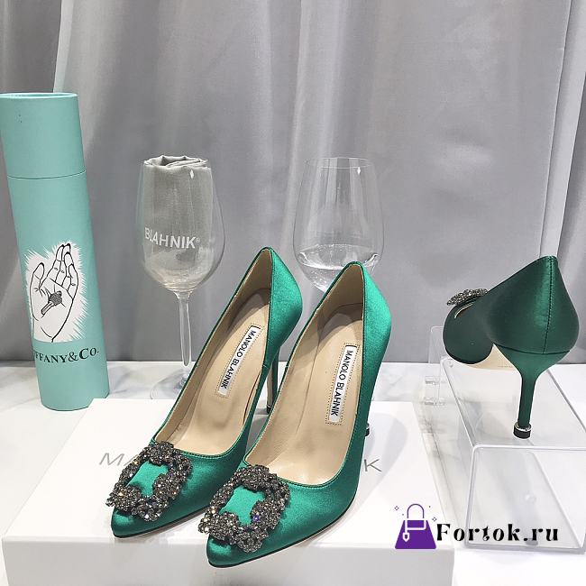 Manolo Blahnik Green High Heels Diamond Buckle - 1