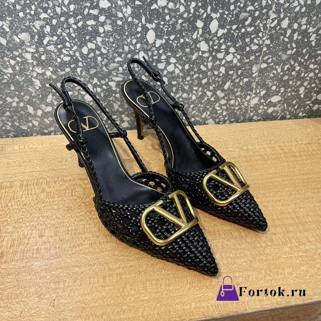 Valentino Garavani V Logo Woven Leather Slingback Pumps in Black - 1