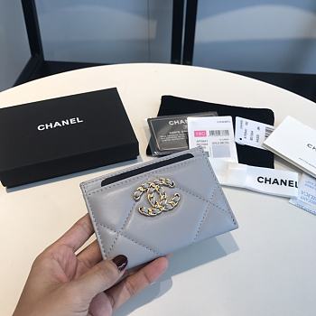 Chanel 19 Shiny Goatskin Quilted Card Holder Grey 7.5x11cm