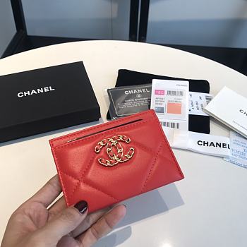 Chanel 19 Shiny Goatskin Quilted Card Holder Red 7.5x11cm