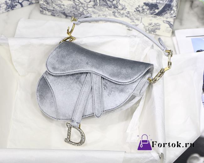 Dior Grey Velvet Saddle Bag With Crystal 19.5x16x6.5cm - 1