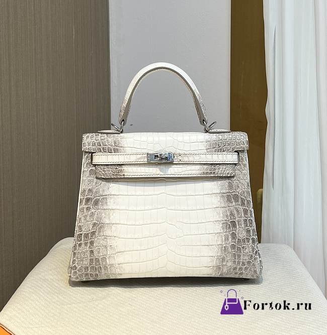 Hermes Kelly Crocodile Leather White Bag Silver Buckle 25cm - 1