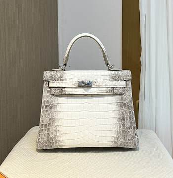 Hermes Kelly Crocodile Leather White Bag Silver Buckle 25cm