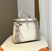 Hermes Kelly Crocodile Leather White Bag Silver Buckle 25cm - 5