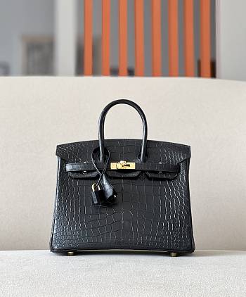 Hermes Birkin Crocodile Leather Black Bag Gold Buckle 25x20x13cm