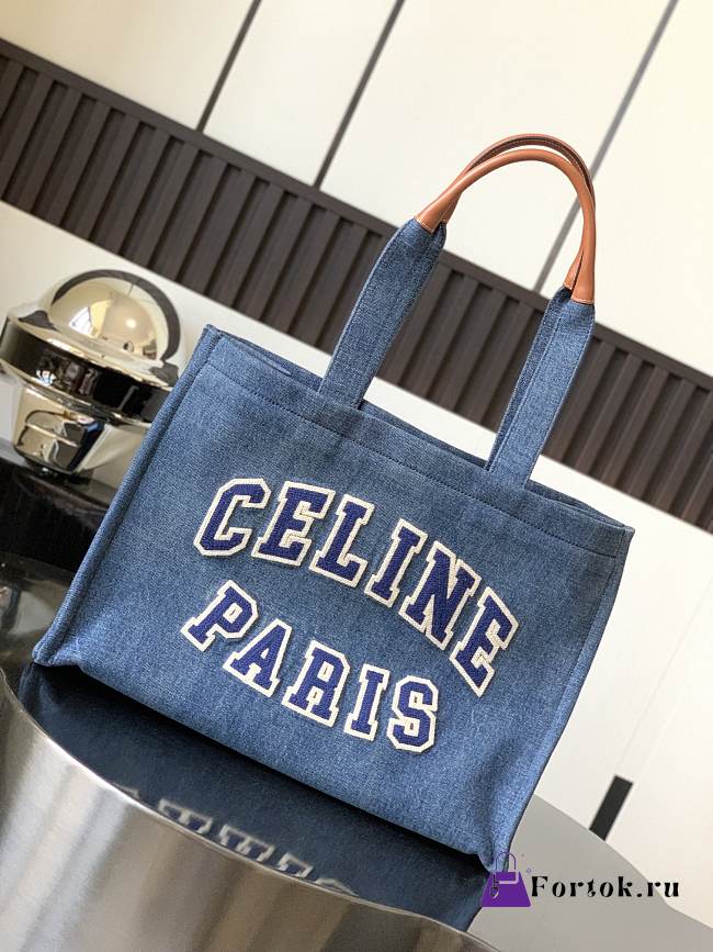 Celine Cabas Thais in Denim Tote Bag in Navy/Tan 41×28×17cm - 1