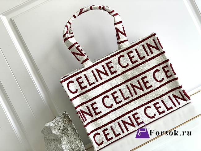 Celine Cabas Thais In Textile With All-over White/Red Bag 41x28x17cm - 1