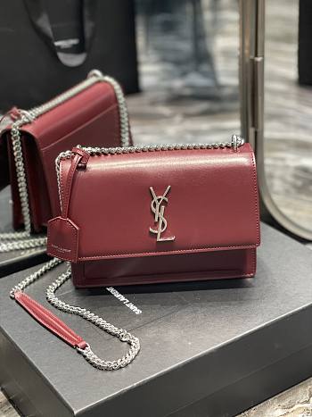 Saint Laurent Sunset Medium Leather Shoulder Bag in Red Silver Hardware 22cm