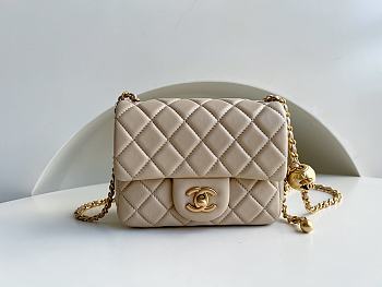 Chanel Mini Square Flap Bag With Pearl Crush Chain Beige 13x18x7cm