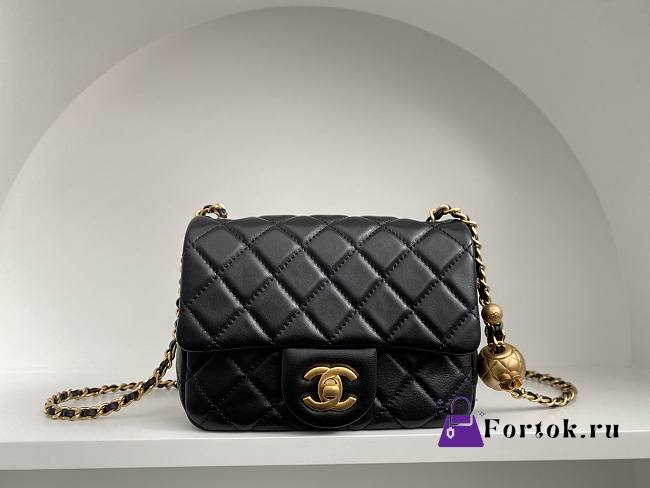 Chanel Mini Square Flap Bag With Pearl Crush Chain Black 13x18x7cm - 1
