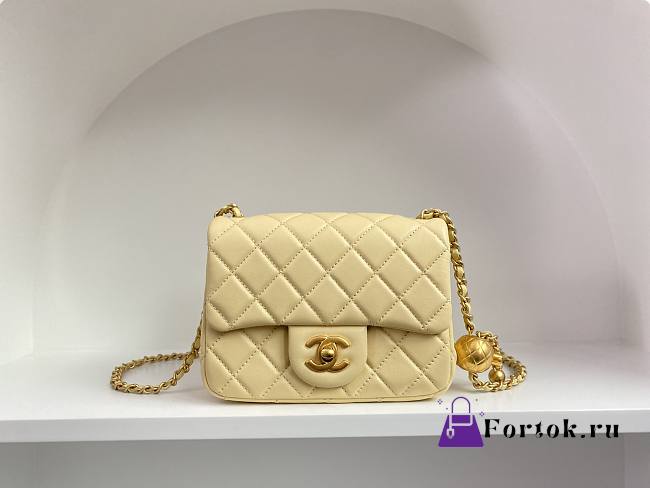 Chanel Mini Square Flap Bag With Pearl Crush Chain Light Yellow 13x18x7cm - 1