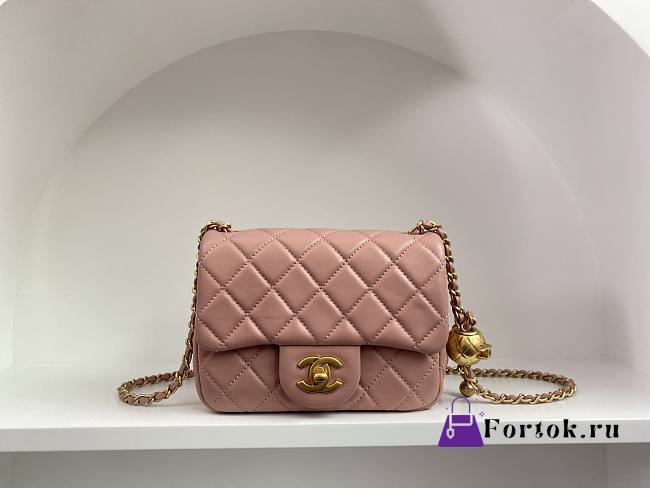 Chanel Mini Square Flap Bag With Pearl Crush Chain Pink 13x18x7cm - 1