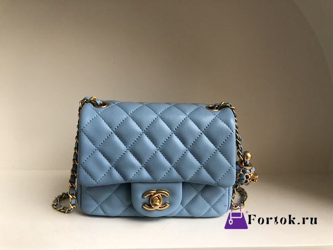 Chanel Mini Square Flap Bag With Pearl Crush Chain Blue 13x18x7cm - 1