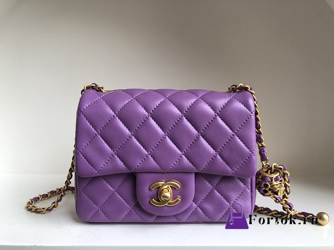 Chanel Mini Square Flap Bag With Pearl Crush Chain Purple 13x18x7cm - 1