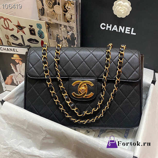 Chanel Flap Bag Caviar Black Leather Bag with Gold Hardware - 1