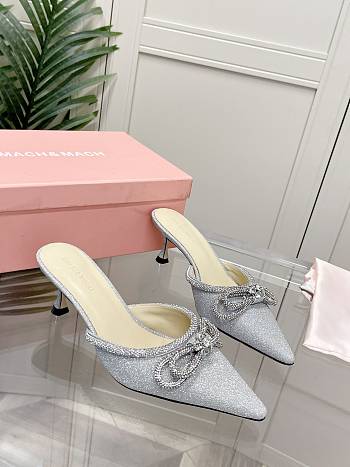 Mach&Mach Double Bow Glittered Crystal-embellished Leather Mules