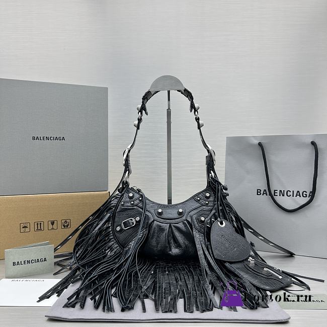 Balenciaga Le Cagole XS Fringe Leather Shoulder Bag in Black 26x16x9.9cm - 1
