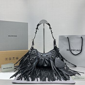 Balenciaga Le Cagole XS Fringe Leather Shoulder Bag in Black 26x16x9.9cm