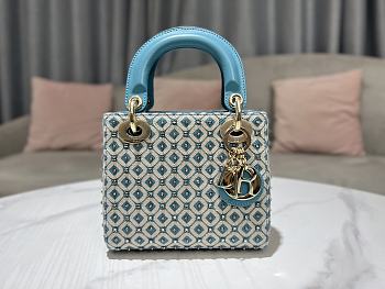 Dior Lady Crystal Bead Embroidery Bag in Blue 17x15x7cm