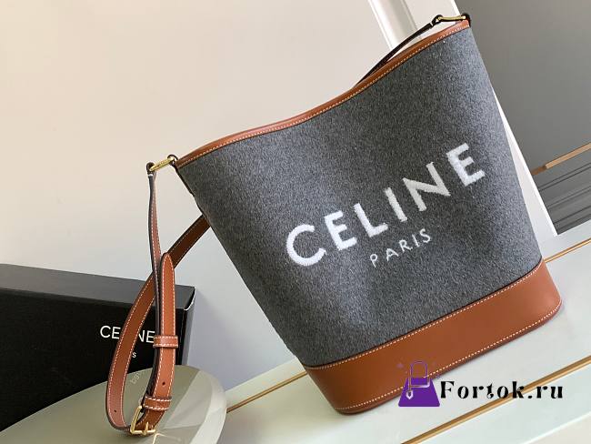 Fortok Celine Felt Fabric Cow Leather Bucket Bag 33x27x17cm - 1