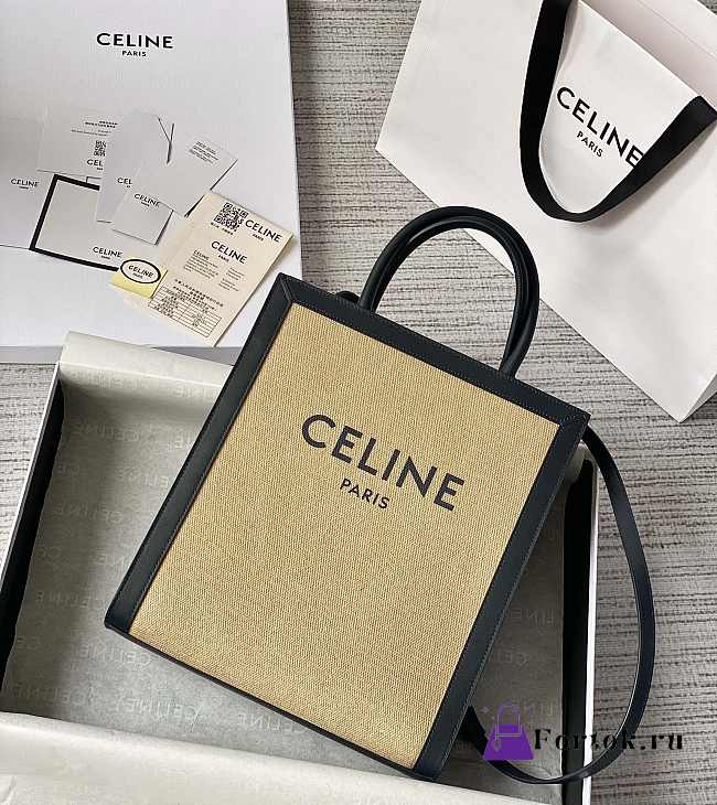 Fortok Celine Vertical Cabas Tote Canvas with Leather Beige Black - 1