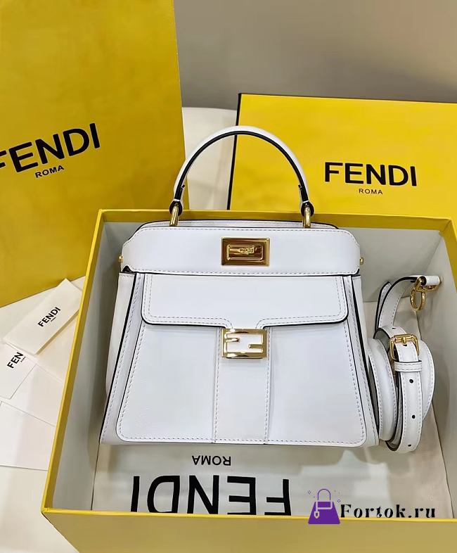 Fortok Fendi White Peekaboo Baguette Iconic Bag FF Buckle 23x11x18cm - 1