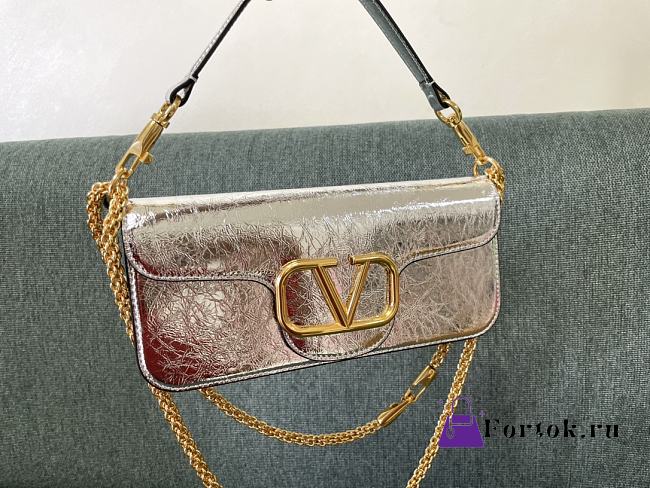 Fortok Valentino VLogo Signature Diamond Buckle Calfskin Shoulder Bag in Silver - 1